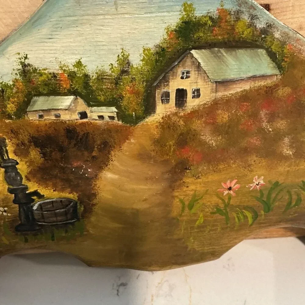 Hand-painted Wooden Towel Rack Cottage scene with flowers water pump